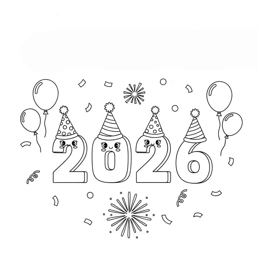 Desenho de Feliz Ano Novo 2026 Desenho Colorir Imprimir 006