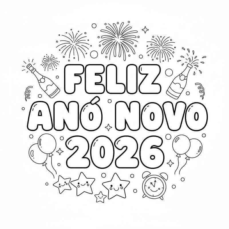 Desenho de Feliz Ano Novo 2026 Desenho Colorir Imprimir 018