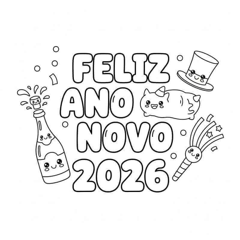 Desenho de Feliz Ano Novo 2026 Desenho Colorir Imprimir 020
