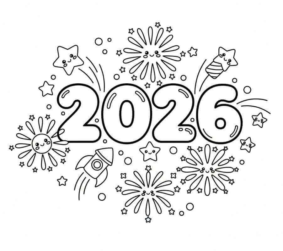 Desenho de Feliz Ano Novo 2026 Desenho Colorir Imprimir 022