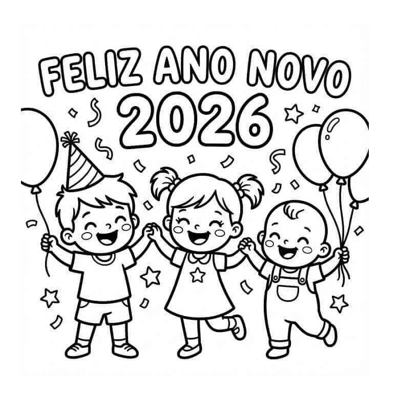 Desenho de Feliz Ano Novo 2026 Desenho Colorir Imprimir 024