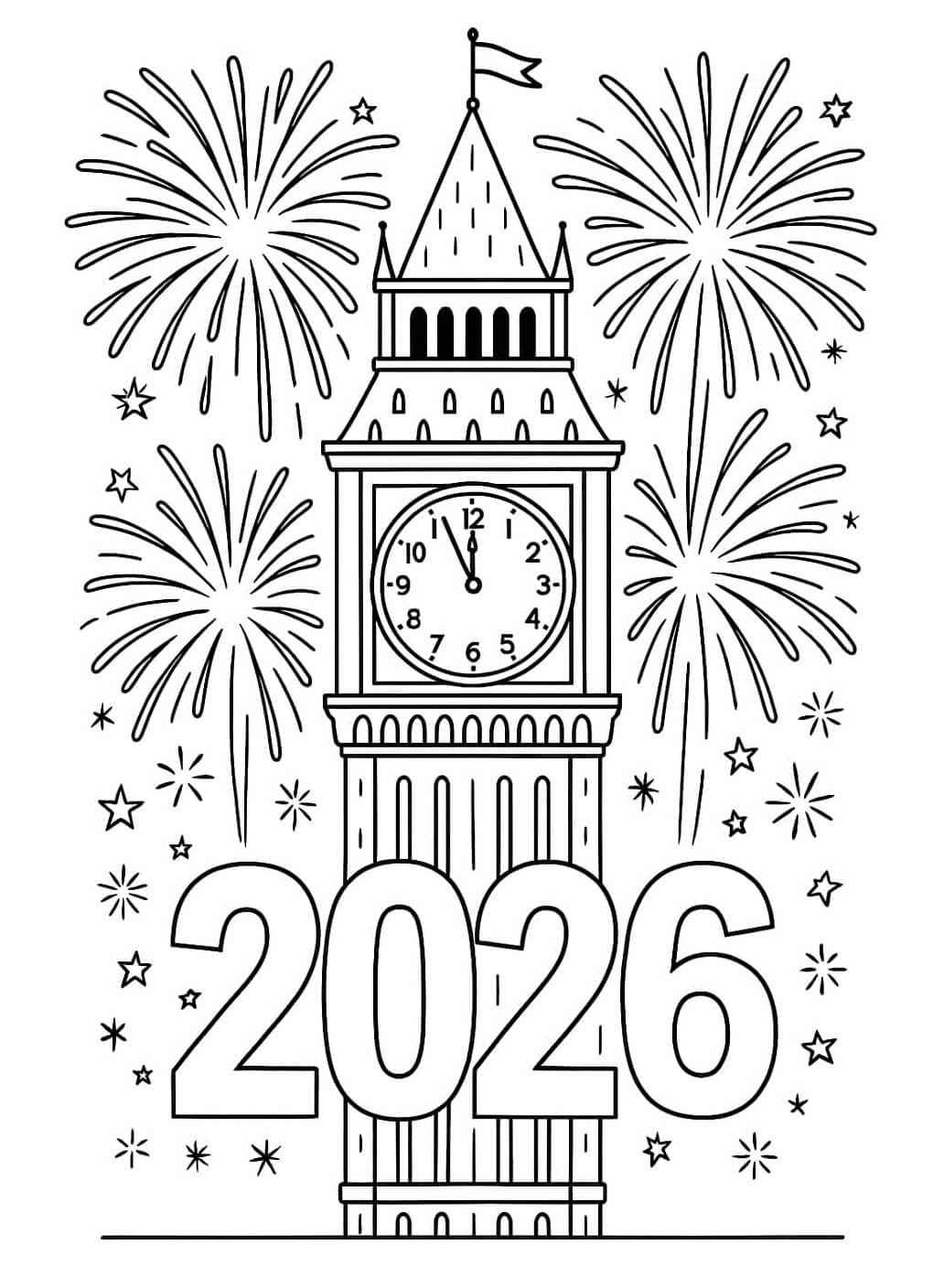 Desenho de Feliz Ano Novo 2026 Desenho Colorir Imprimir 057