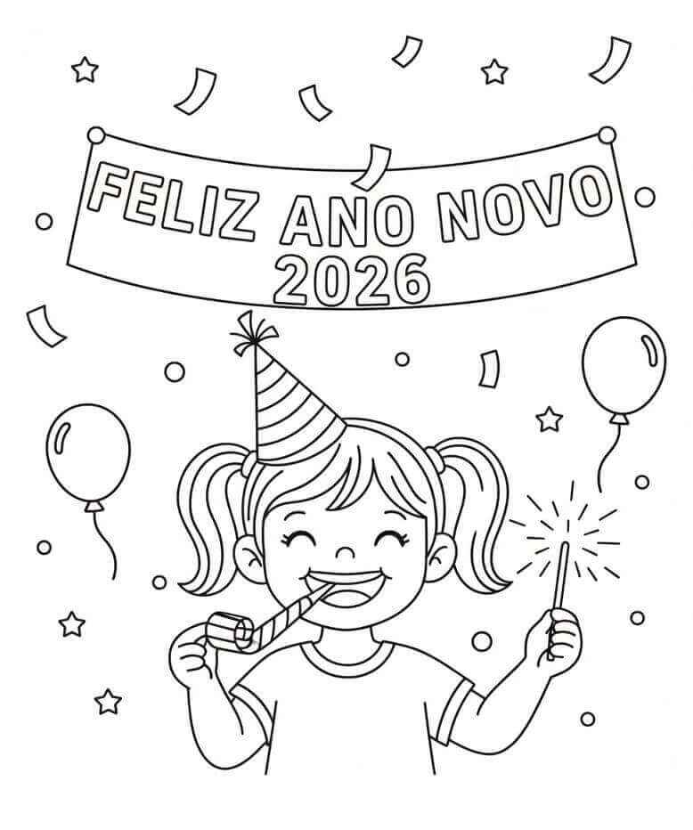 Desenho de Feliz Ano Novo 2026 Desenho Colorir Imprimir 095