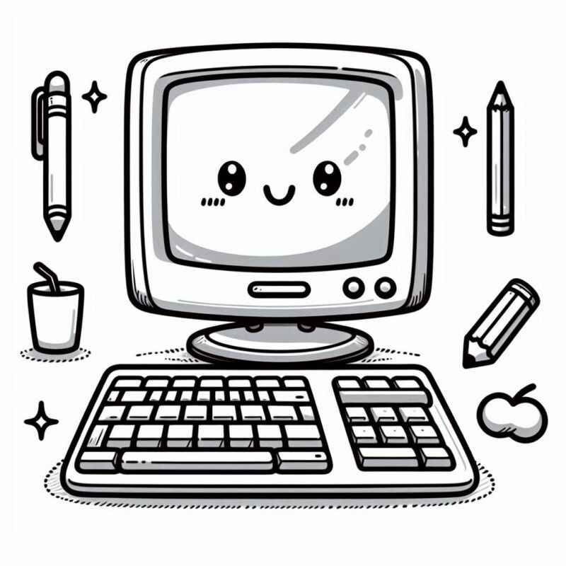 Desenho de Monitor Antropomorfizado Teclado Copo Lapis