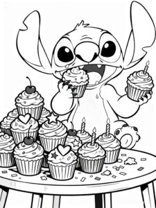 Desenho de Stitch Comendo Cupckae Doces Para Colorir E Inprimir