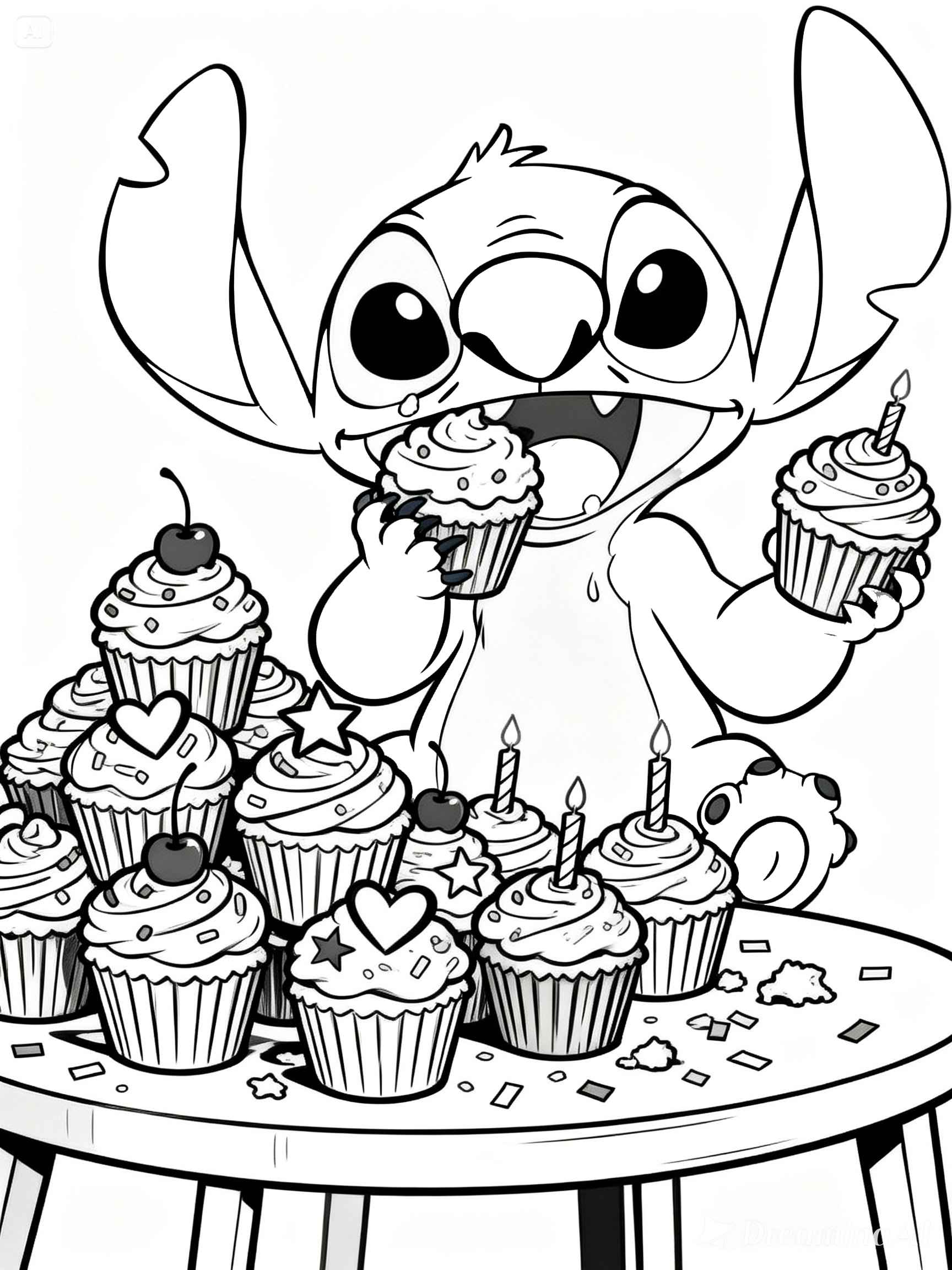 Desenho de Stitch Comendo Cupckae Doces Para Colorir E Inprimir