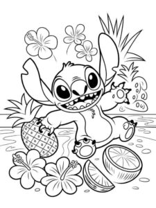 Desenho de Stitch Feliz Frutas E Flores Para Colorir E Inprimir
