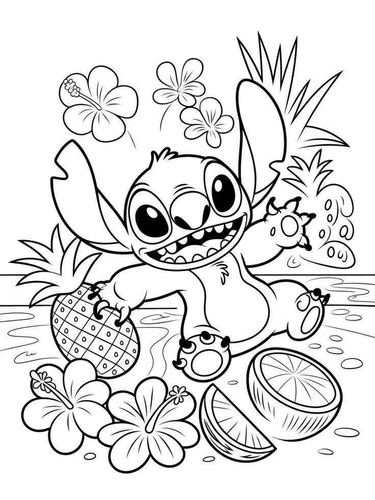 Desenho de Stitch Feliz Frutas E Flores Para Colorir E Inprimir