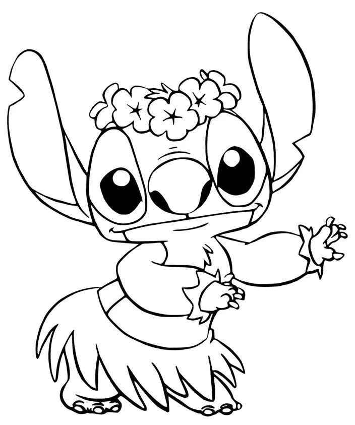 Desenho de Stitch Havaiano Hula Com Saia E Flores Colorir
