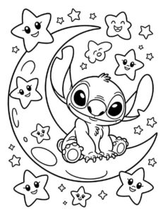 Desenho de Stitch Na Lua Com Estrelas Para Colorir E Inprimir