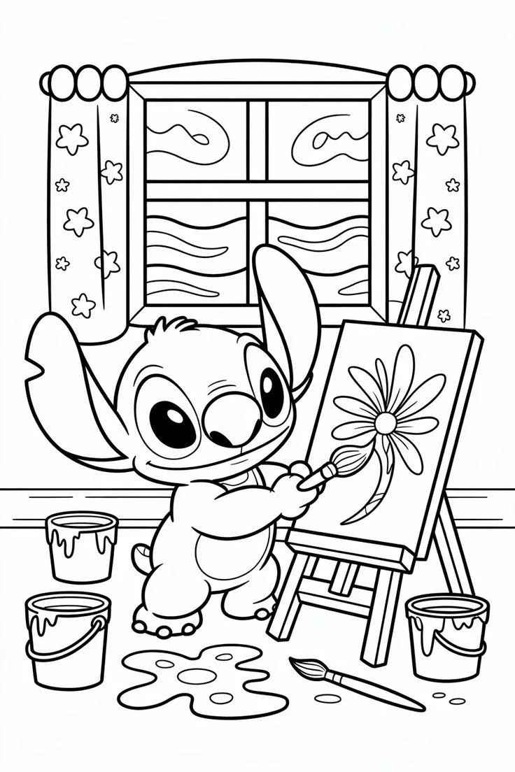 Desenho de Stitch Pintando Quadro Para Colorir E Inprimir
