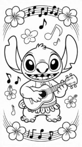 Desenho de Stitch Tocando Ukelele Musica Para Colorir E Inprimir
