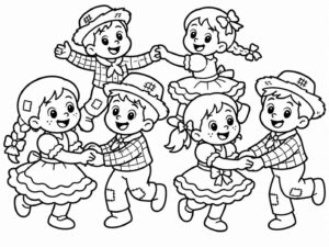 Desenho de Festa Junina Sao Joao Desenho Colorir Imprimir 3 Criancas Dancando Quadrilha