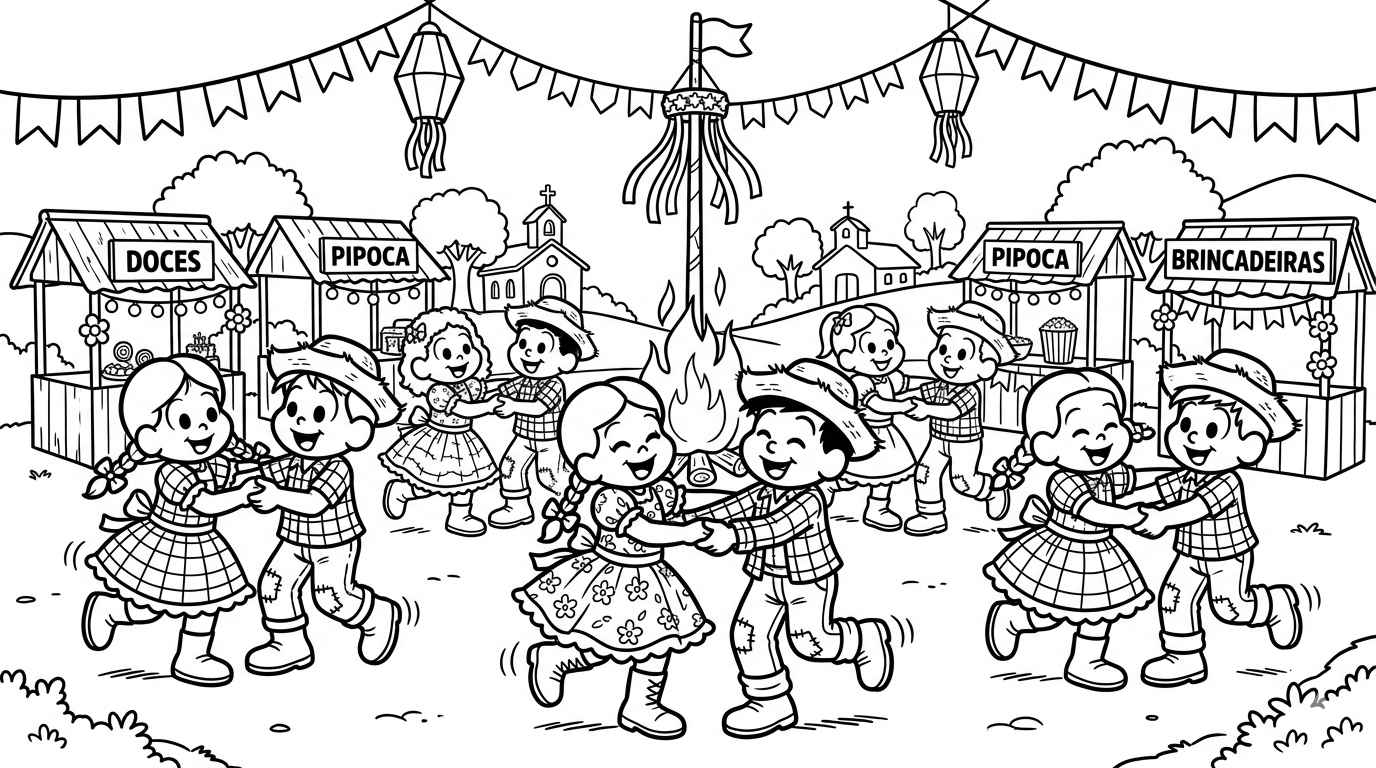 Desenho de Festa Junina Sao Joao Desenho Colorir Imprimir 7 Varios Dancando Quadrilha