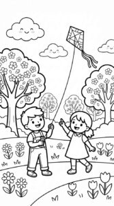 Desenho de Primavera Criancas Brincando Pipa Desenho Colorir Imprimir 03