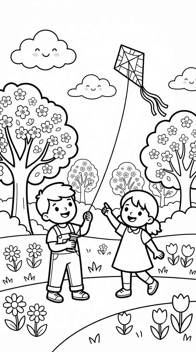 Desenho de Primavera Criancas Brincando Pipa Desenho Colorir Imprimir 03