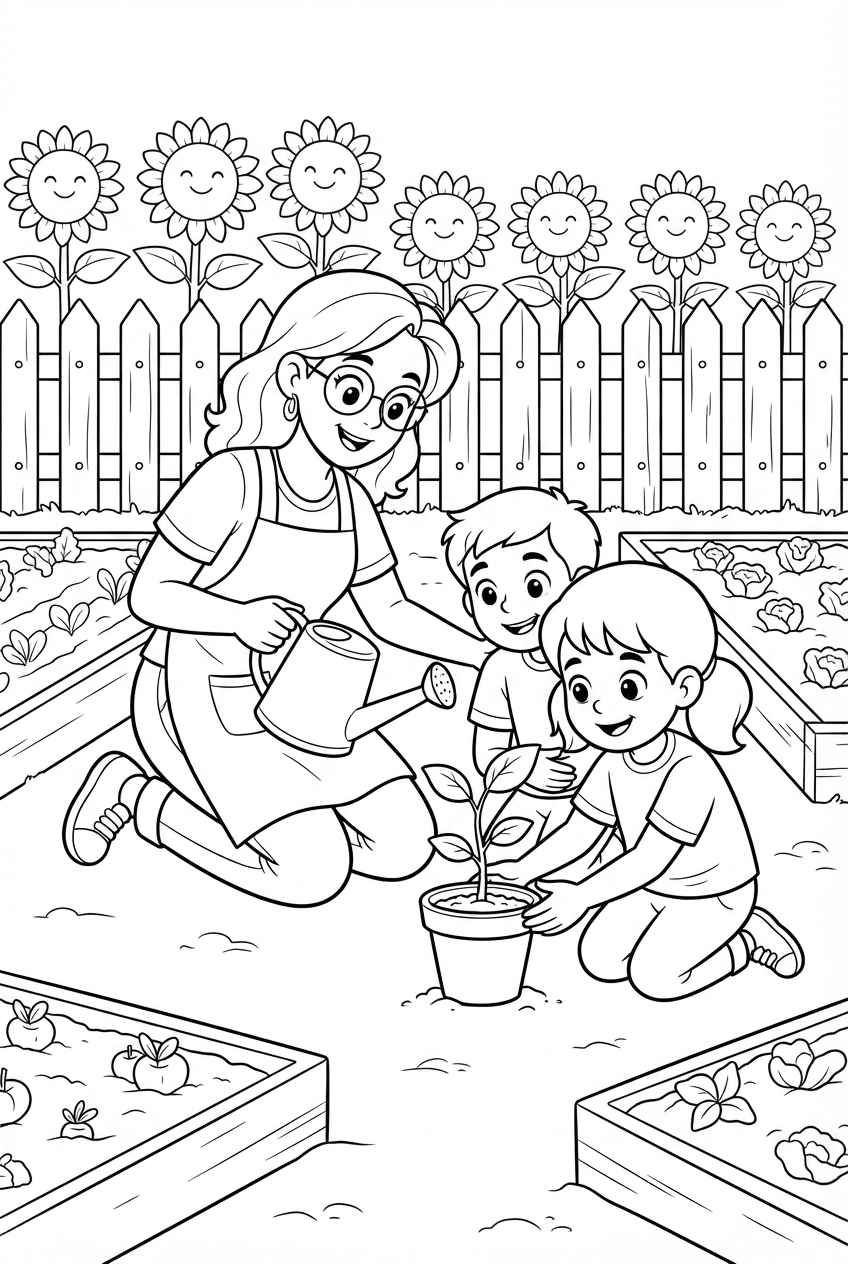 Desenho de Professora Horta Plantando Plantas Desenho Colorir Imprimir 07