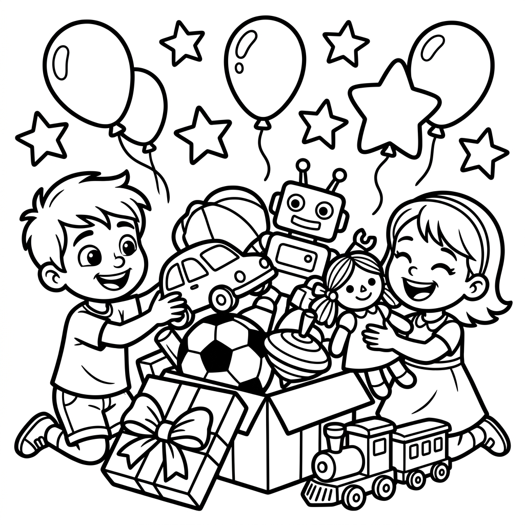 Desenho de Desenho De Dia Das Crianças Com Caixa De Brinquedos E Balões Para Colorir E Imprimir