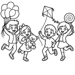 Desenho de Desenho De Dia Das Crianças Com Crianças Correndo Com Balões E Pipa Para Colorir E Imprimir
