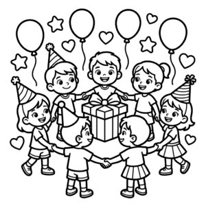 Desenho de Desenho De Dia Das Crianças Com Roda De Crianças Em Volta De Um Presente Para Colorir E Imprimir