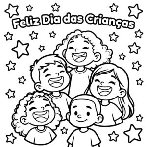 Desenho de Desenho De Feliz Dia Das Crianças Com Cinco Crianças Sorrindo Para Colorir E Imprimir