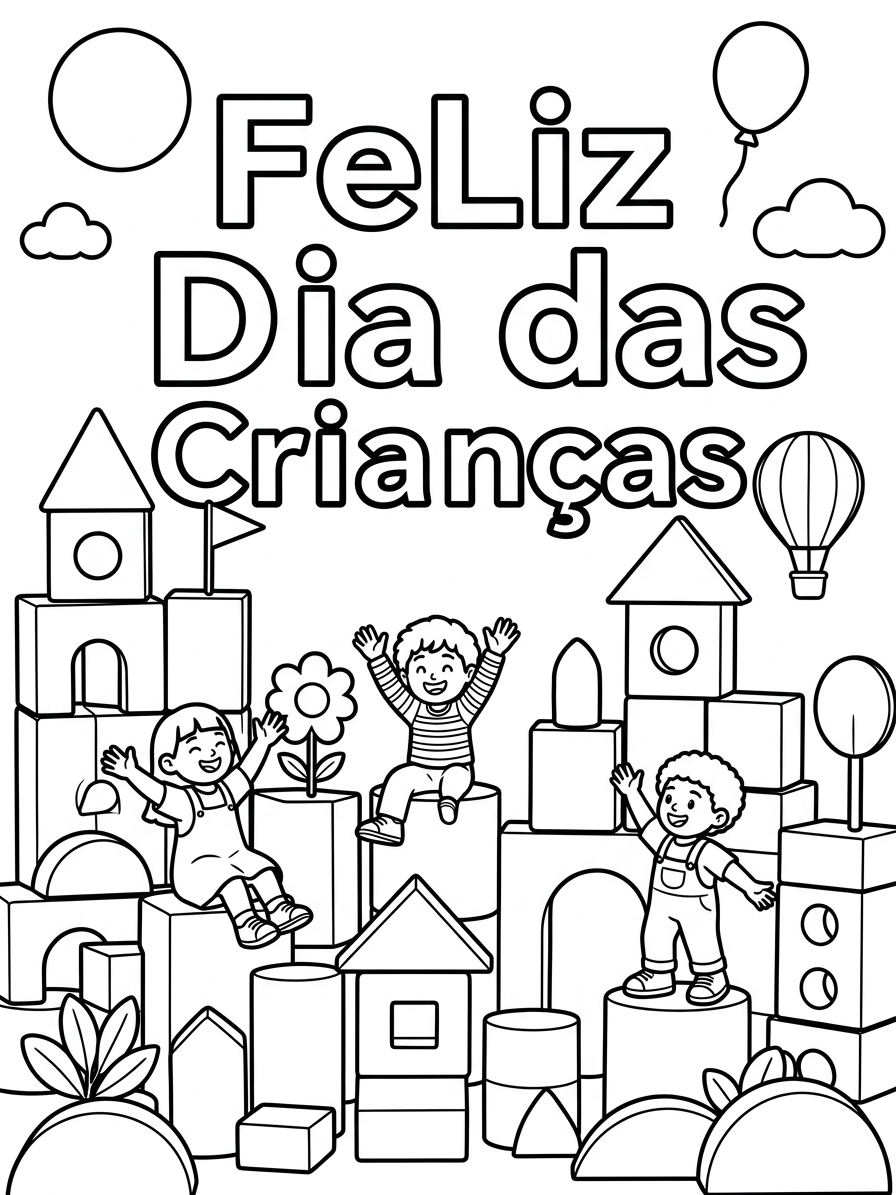 Desenho de Desenho De Feliz Dia Das Crianças Com Crianças Brincando Em Blocos De Montar Para Colorir E Imprimir