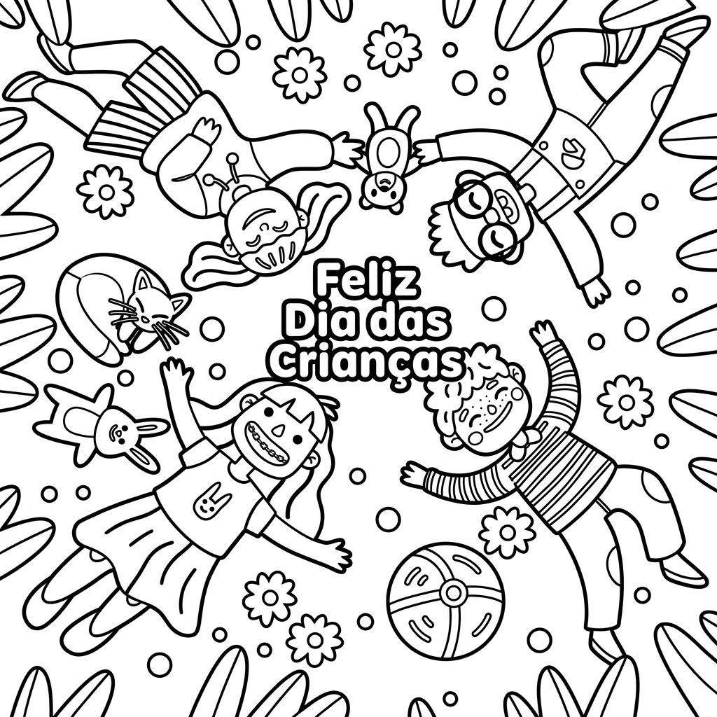 Desenho de Desenho De Feliz Dia Das Crianças Com Crianças Deitadas Na Grama Para Colorir E Imprimir