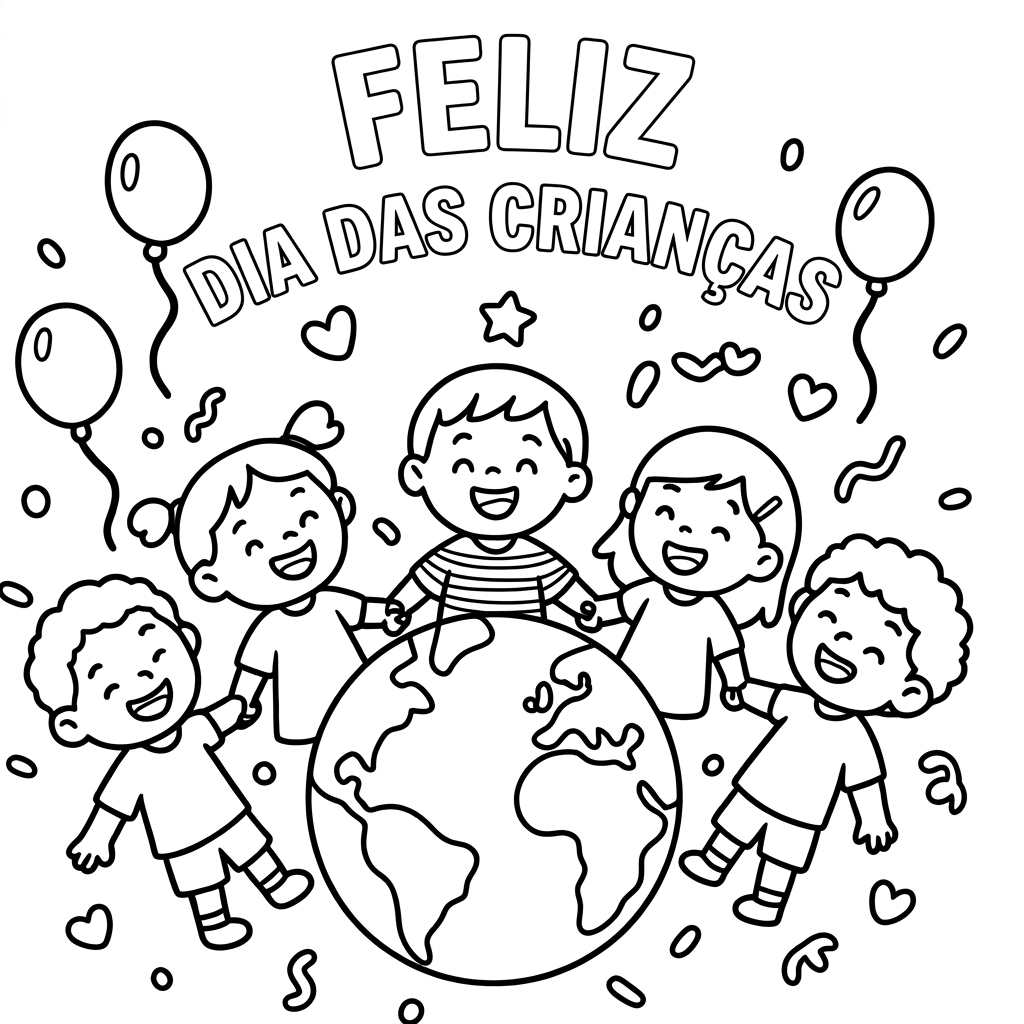 Desenho de Desenho De Feliz Dia Das Crianças Com Crianças Em Volta Do Planeta Terra Para Colorir E Imprimir