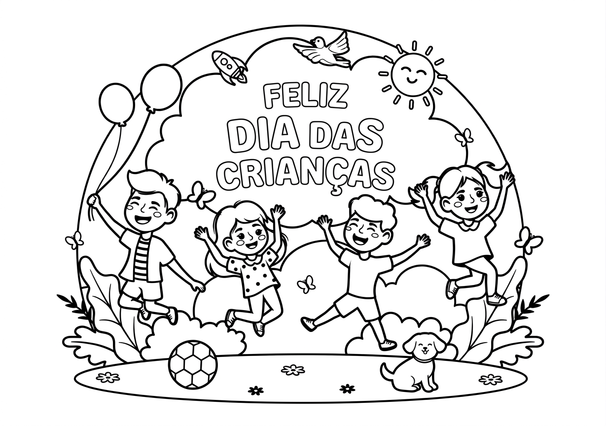 Desenho de Desenho De Feliz Dia Das Crianças Com Crianças Pulando No Jardim Para Colorir E Imprimir