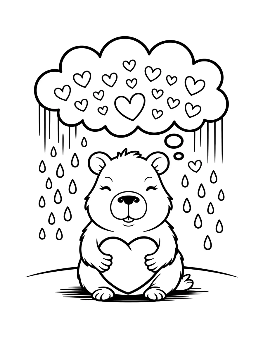 Desenho de Desenho De Capivara Abracando Coracao Sob Nuvem De Chuva Para Colorir E Imprimir
