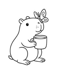 Desenho de Desenho De Capivara Com Borboleta Na Cabeca Segurando Caneca Para Colorir E Imprimir