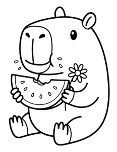 Desenho de Desenho De Capivara Comendo Melancia Com Uma Flor Na Mao Para Colorir E Imprimir