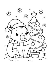 Desenho de Desenho De Capivara De Cachecol E Gorro De Natal Com Arvore Enfeitada E Flocos De Neve Para Colorir E Imprimir