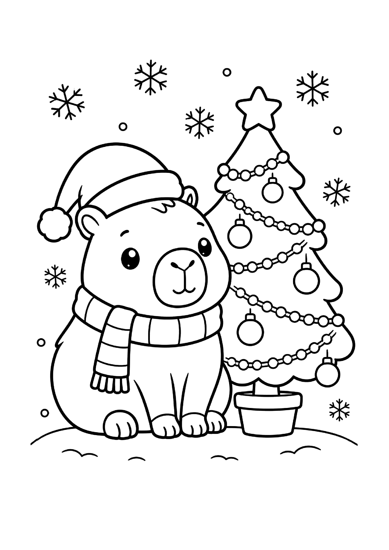 Desenho de Desenho De Capivara De Cachecol E Gorro De Natal Com Arvore Enfeitada E Flocos De Neve Para Colorir E Imprimir