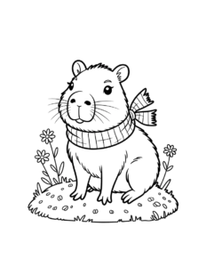Desenho de Desenho De Capivara De Cachecol Sentada Na Grama Com Flores Para Colorir E Imprimir