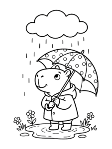 Desenho de Desenho De Capivara De Capa De Chuva E Guarda Chuva De Bolinhas Para Colorir E Imprimir