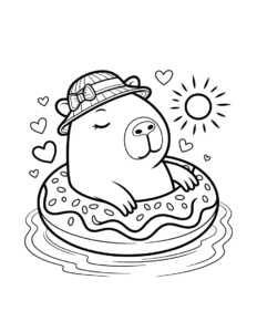 Desenho de Desenho De Capivara De Chapeu Na Boia De Rosquinha Para Colorir E Imprimir