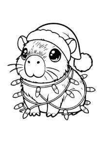 Desenho de Desenho De Capivara De Gorro De Natal Enrolada Em Pisca Pisca Para Colorir E Imprimir
