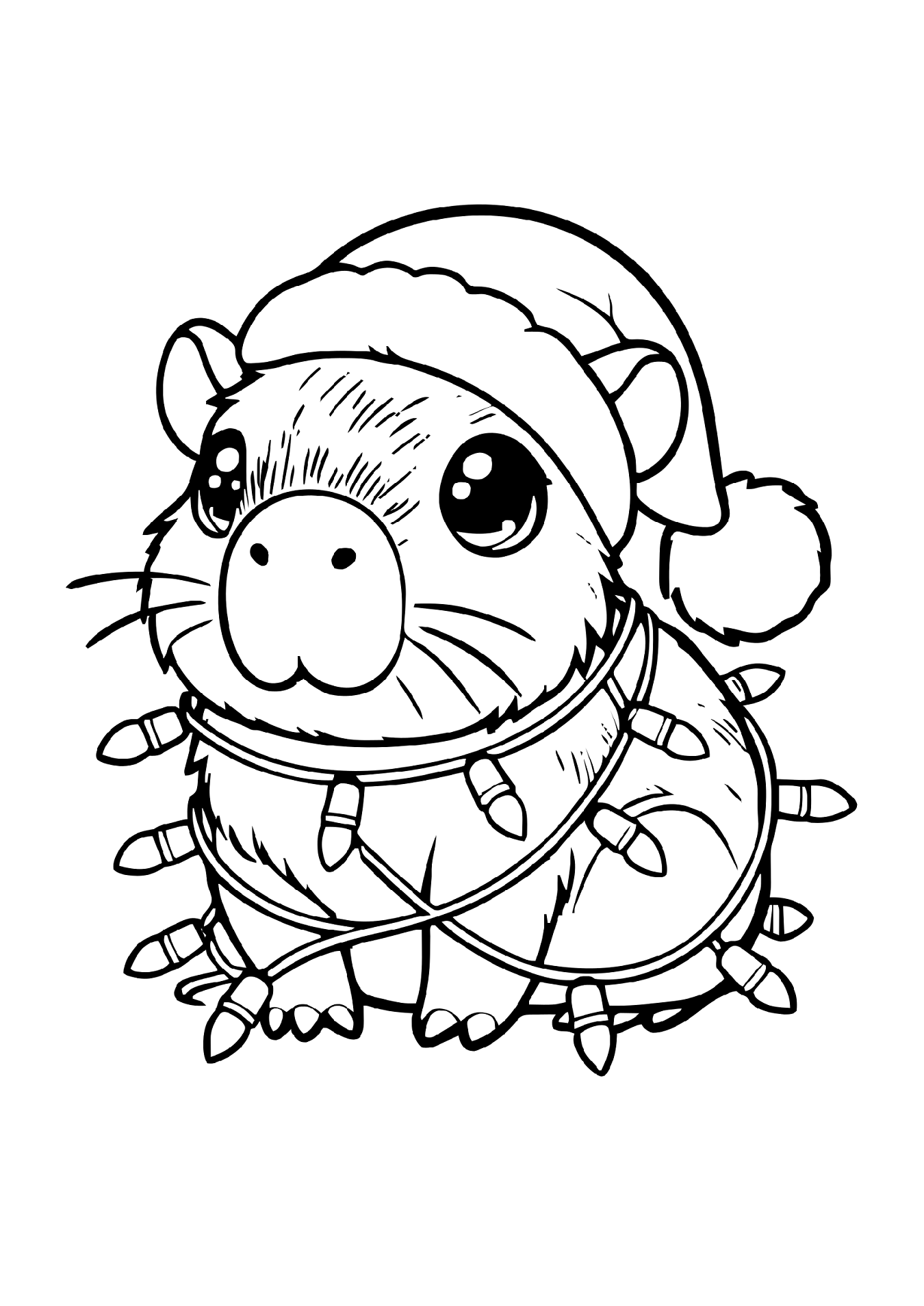 Desenho de Desenho De Capivara De Gorro De Natal Enrolada Em Pisca Pisca Para Colorir E Imprimir