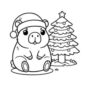 Desenho de Desenho De Capivara De Gorro De Papai Noel Ao Lado Da Arvore De Natal Para Colorir E Imprimir