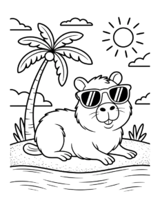 Desenho de Desenho De Capivara De Oculos Escuros Na Praia Com Coqueiro Para Colorir E Imprimir