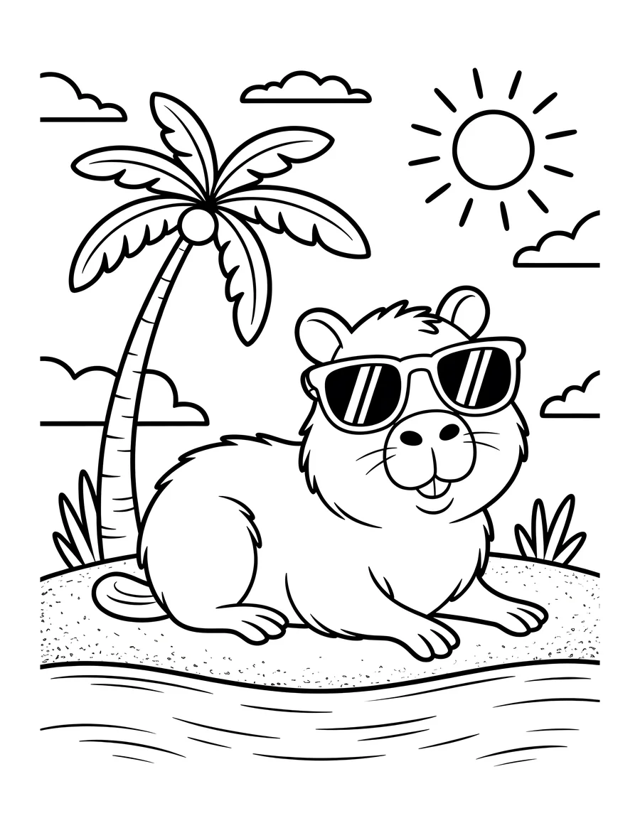 Desenho de Desenho De Capivara De Oculos Escuros Na Praia Com Coqueiro Para Colorir E Imprimir