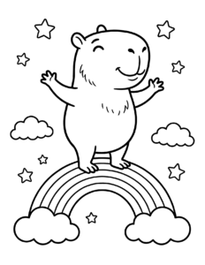 Desenho de Desenho De Capivara Em Cima De Um Arco Iris Com Estrelas Para Colorir E Imprimir
