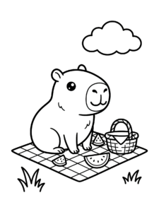 Desenho de Desenho De Capivara Em Piquenique Com Melancia E Cesta Para Colorir E Imprimir