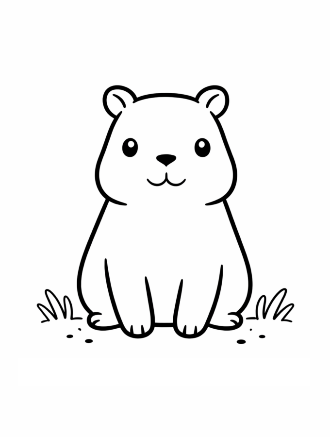 Desenho de Desenho De Capivara Fofa De Traco Simples Sentada Na Grama Para Colorir E Imprimir