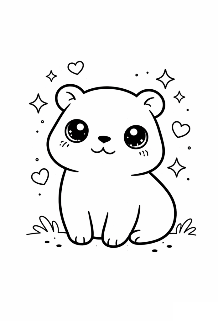 Desenho de Desenho De Capivara Kawaii De Olhos Grandes Com Coracoes Para Colorir E Imprimir