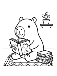 Desenho de Desenho De Capivara Lendo Livro Sentada No Tapete Para Colorir E Imprimir