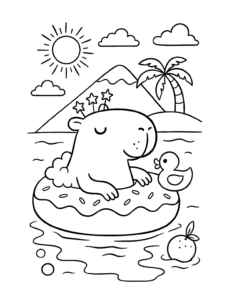 Desenho de Desenho De Capivara Na Boia De Rosquinha Na Praia Com Patinho Para Colorir E Imprimir