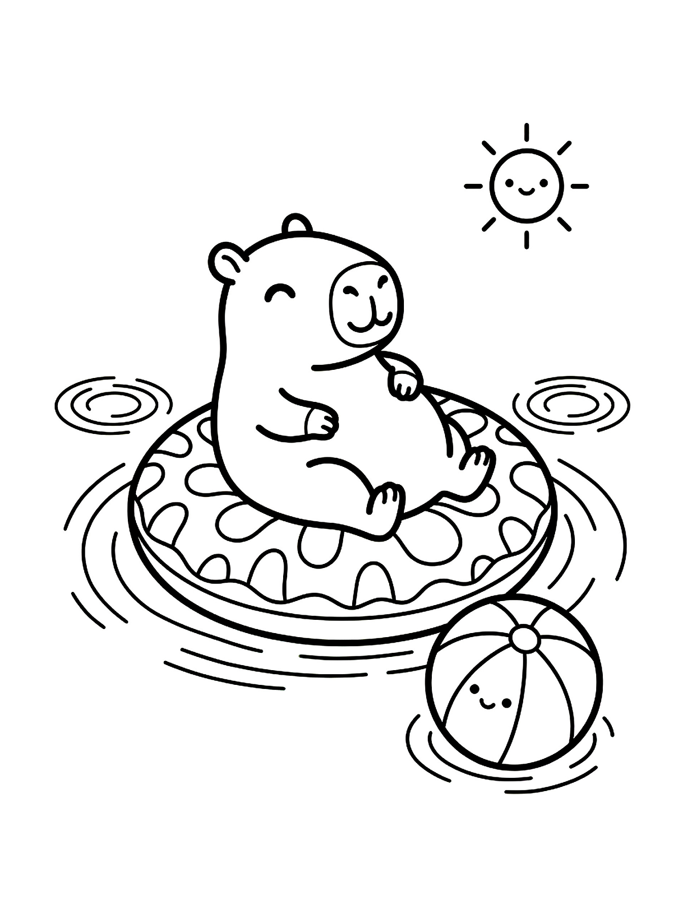 Desenho de Desenho De Capivara Relaxando Na Boia Da Piscina Com Bola De Praia Para Colorir E Imprimir