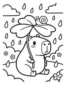 Desenho de Desenho De Capivara Se Abrigando Da Chuva Sob Uma Folha Para Colorir E Imprimir